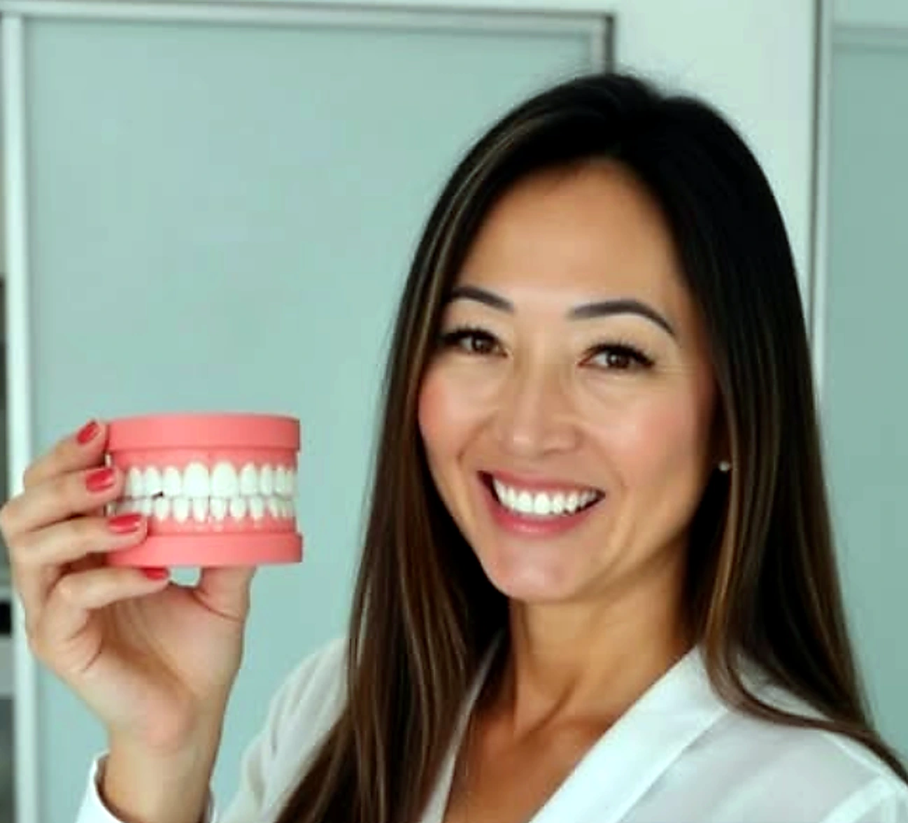 Dra. Yoko Ogura apresentando um modelo odontológico